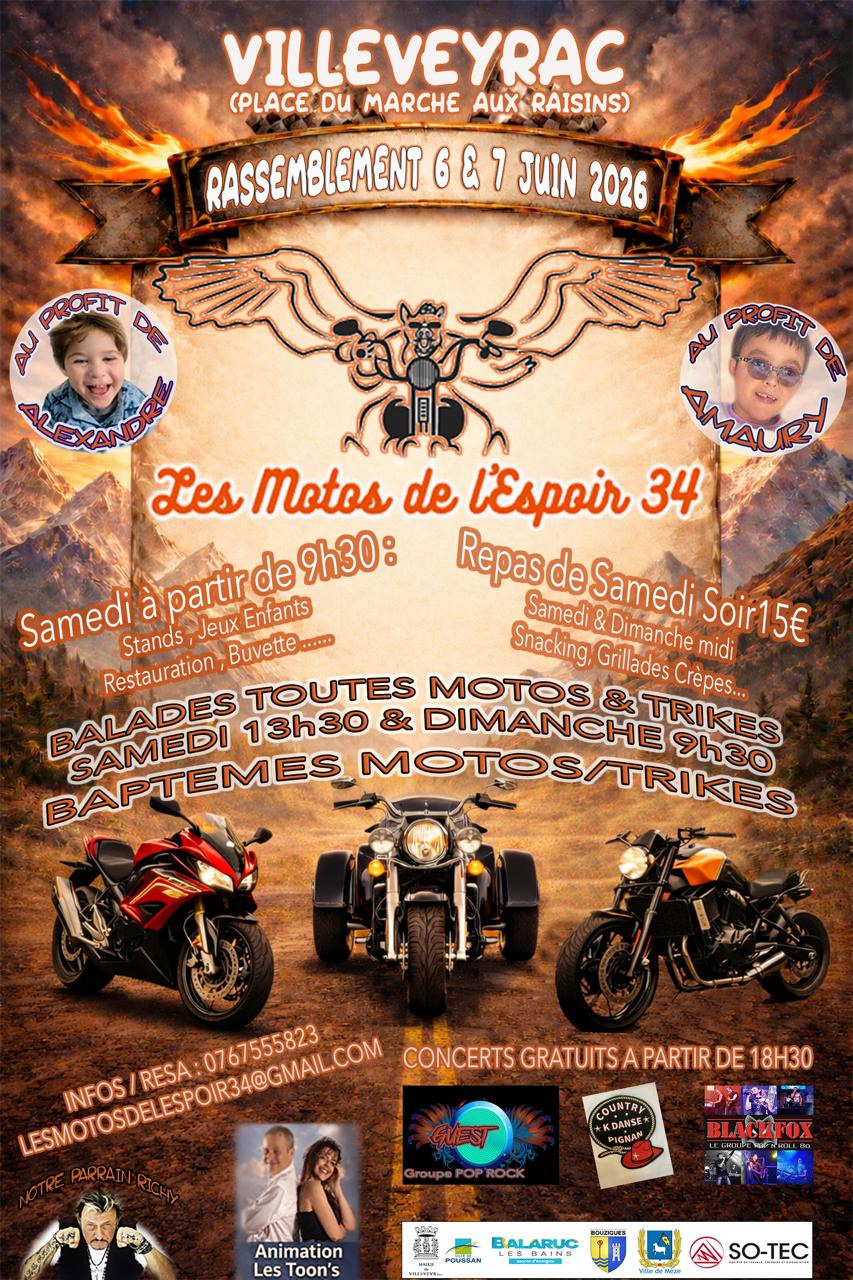 Affiche concentration, Rassemblement Motos /Trikes à VILLEVEYRAC e 6 et 7 juin 2026