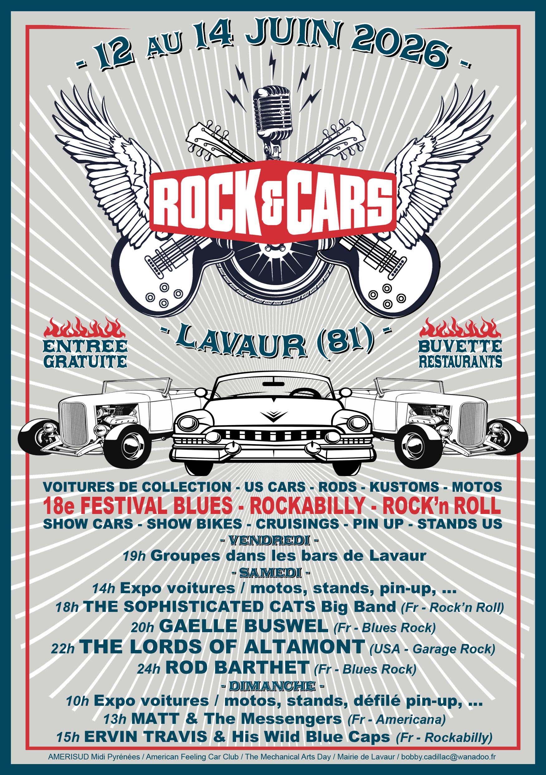 Affiche Festival ROCK’&’CARS à Lavaur (81) du 12 au 14 juin 2026